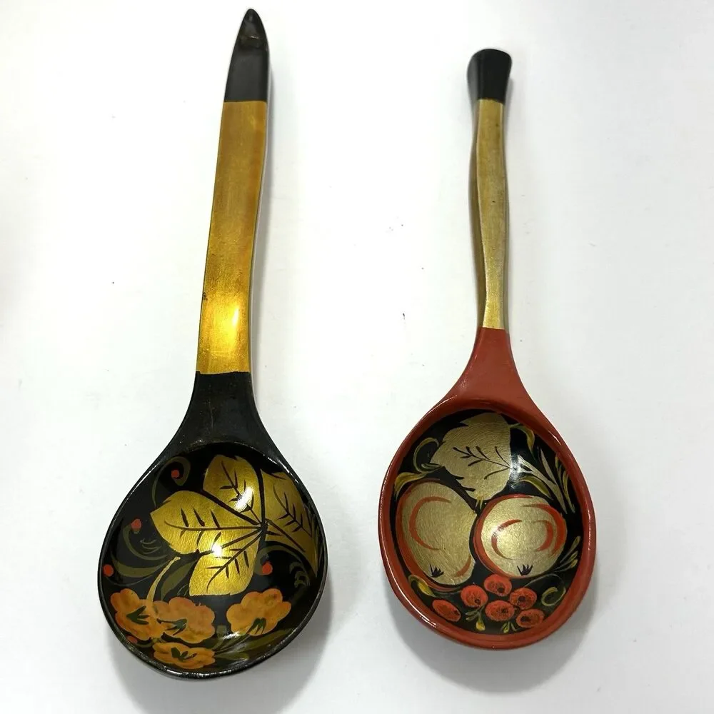 Russian Khokhloma Hand-Painted Lacquered Wood Bowl + Spoon Set Folk Art